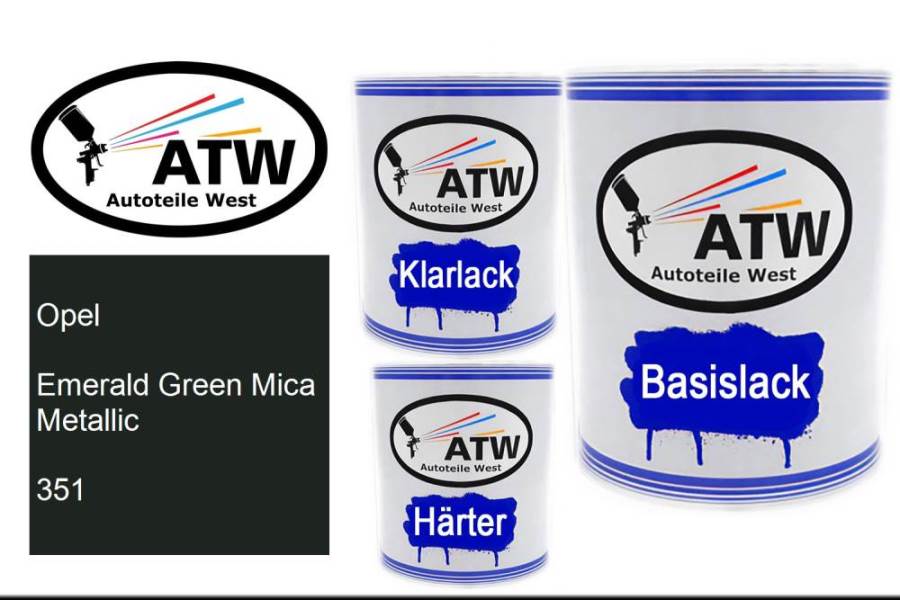 Opel, Emerald Green Mica Metallic, 351: 1L Lackdose + 1L Klarlack + 500ml Härter - Set, von ATW Autoteile West.